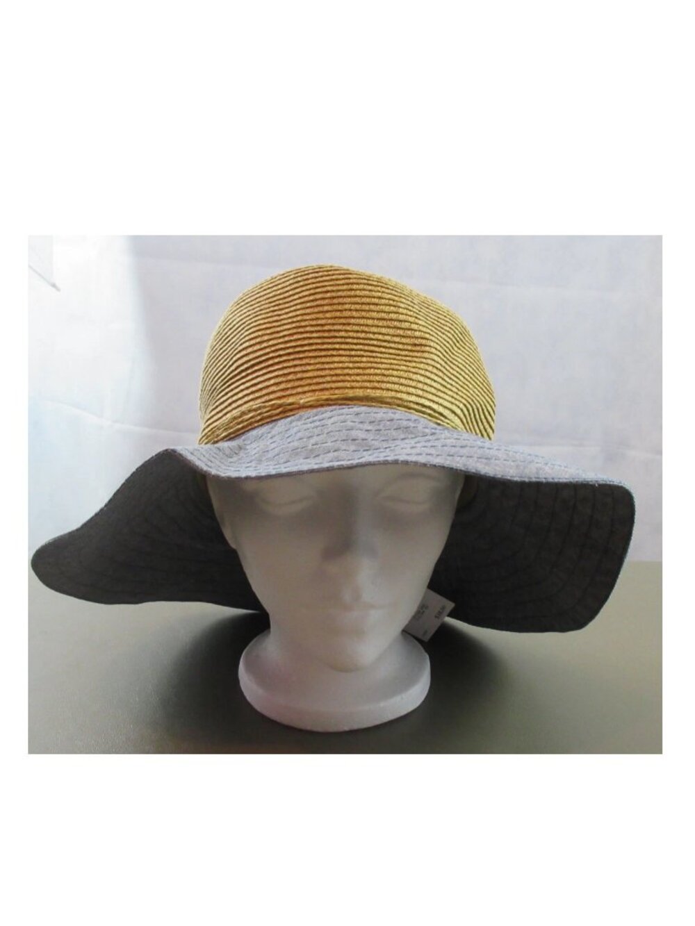 Nine West Packable Canvas and Straw Floppy Hat, Tan and Blue, One Size